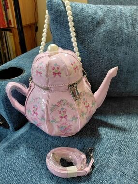Pink Floral Teapot-Shaped Crossbody Bag with Pearl Handle